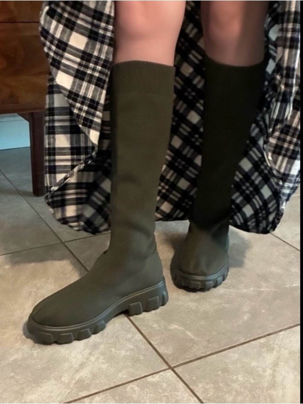 Olive Green Knee-High Stretch Sock Boots